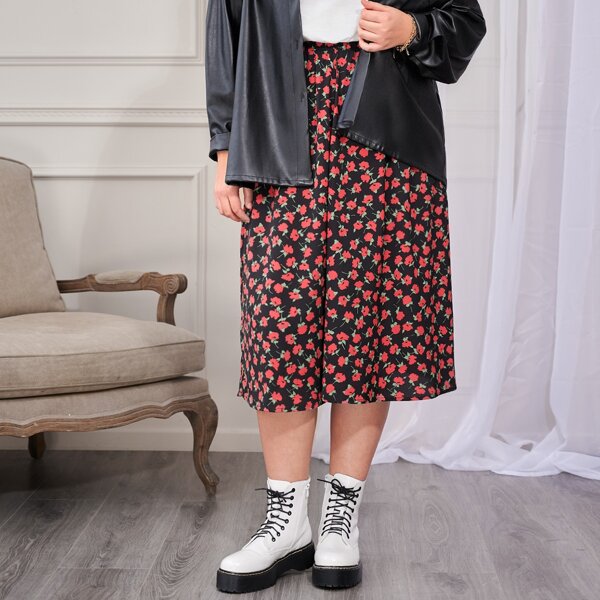 

Plus Allover Floral Print Skirt, Multicolor