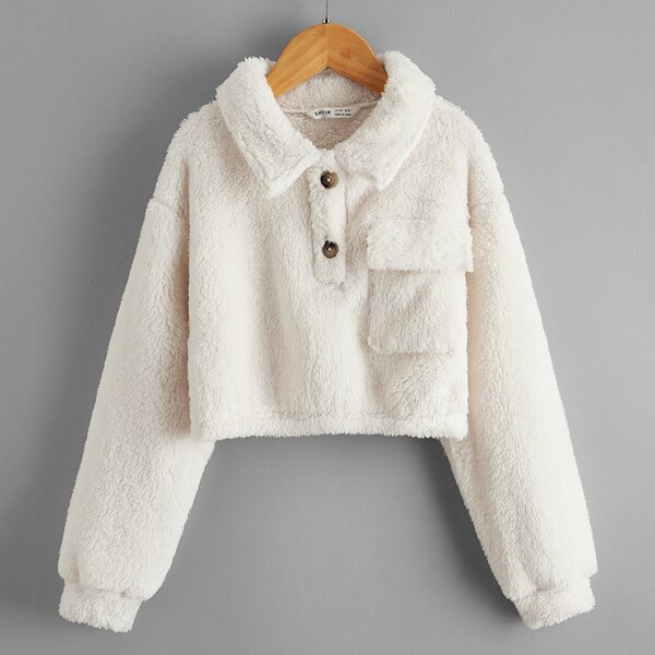 

Girls Drop Shoulder Flap Pocket Teddy Sweatshirt, Beige