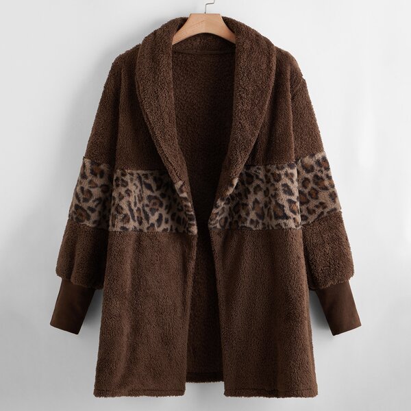 

Plus Graphic Print Shawl Collar Open Front Teddy Coat, Chocolate brown
