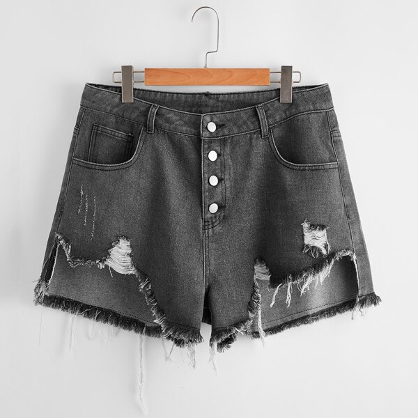 

Plus Raw Hem Ripped Denim Shorts, Dark grey