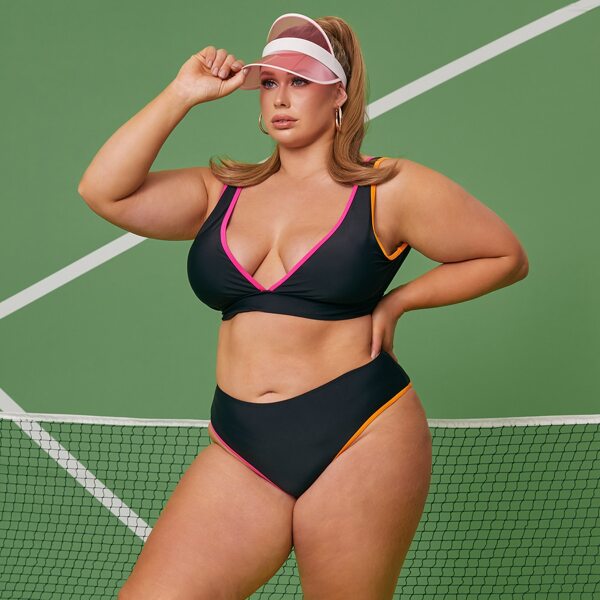 

Plus Contrast Binding Bikini Swimsuit, Black
