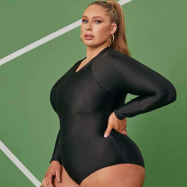 

Plus Zipper Front One Piece Swimsuit, Black
