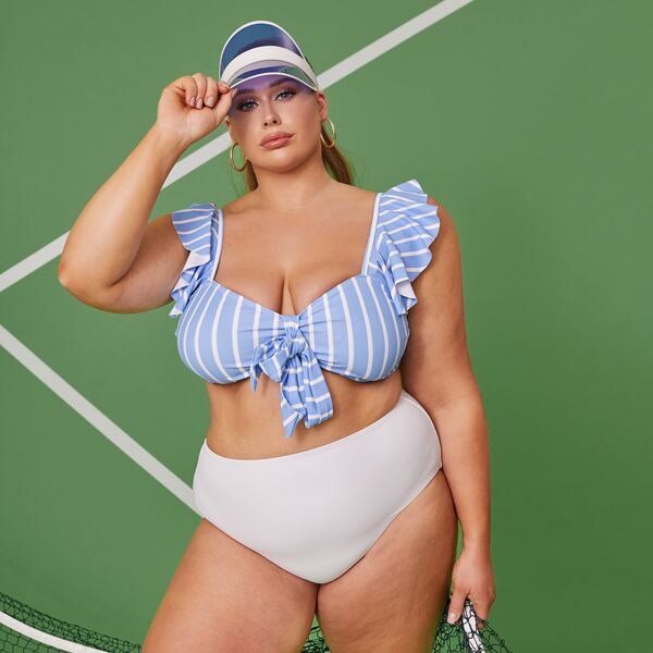 

Plus Striped Knot Front Bikini Swimsuit, Blue and white