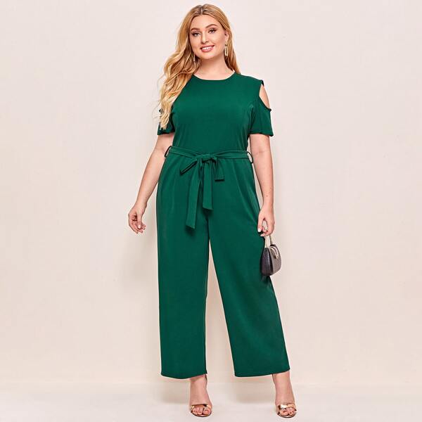

Plus Cold Shoulder Belted Wide Leg Jumpsuit, Green