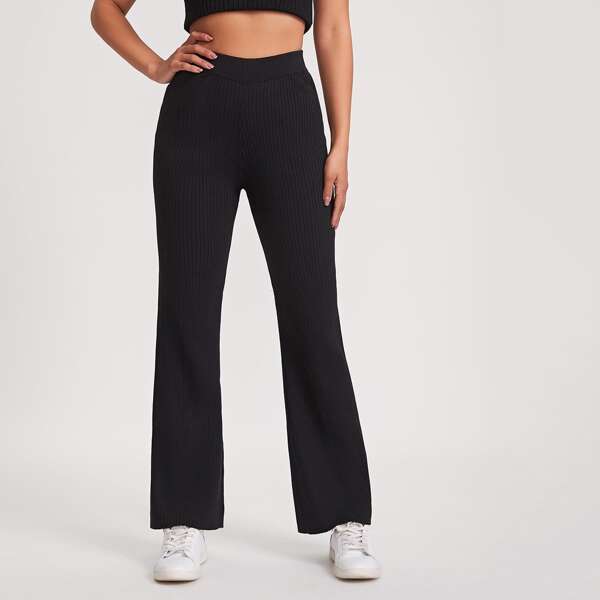 

Ribbed Knit Flare Leg Knit Pants, Black