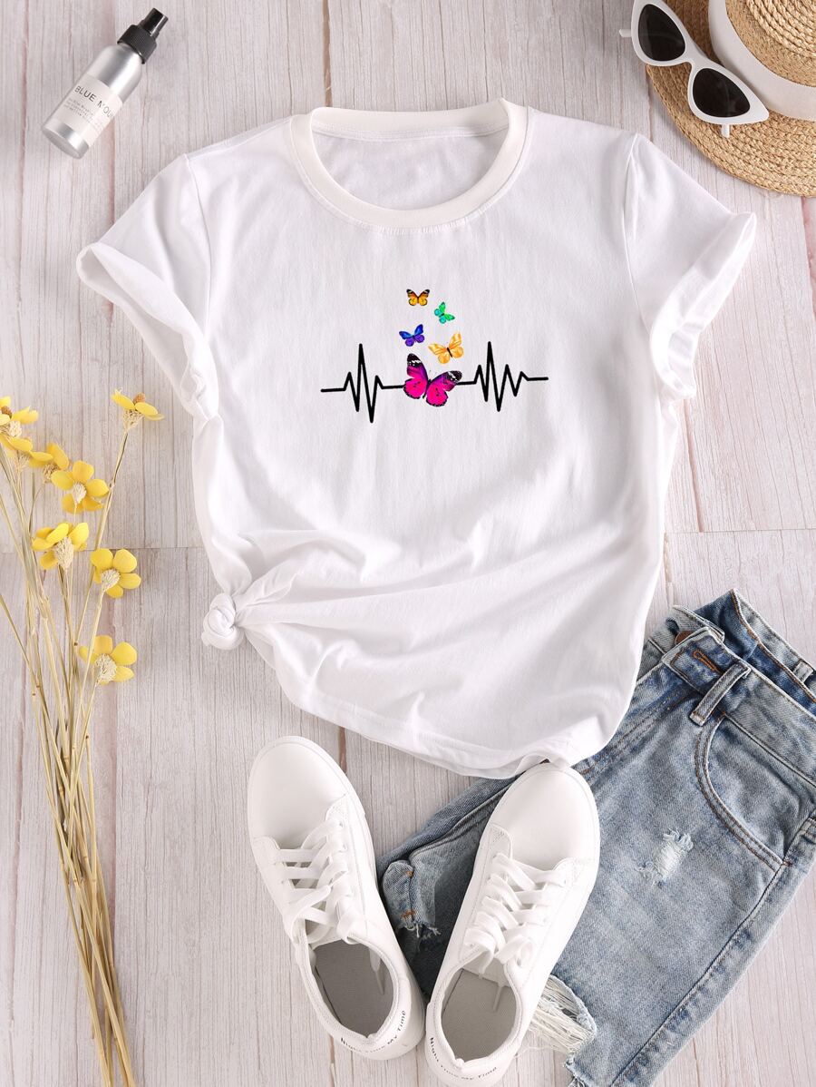 SHEIN LUNE Camiseta Con Estampado De Mariposas - Blanco - Ver 1