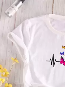 SHEIN LUNE Camiseta Con Estampado De Mariposas - Blanco - Ver 5