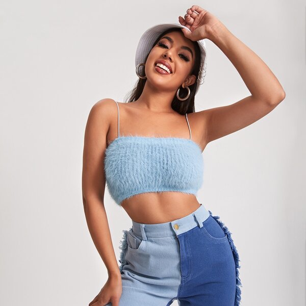 

Solid Fuzzy Crop Knit Top, Pastel baby blue