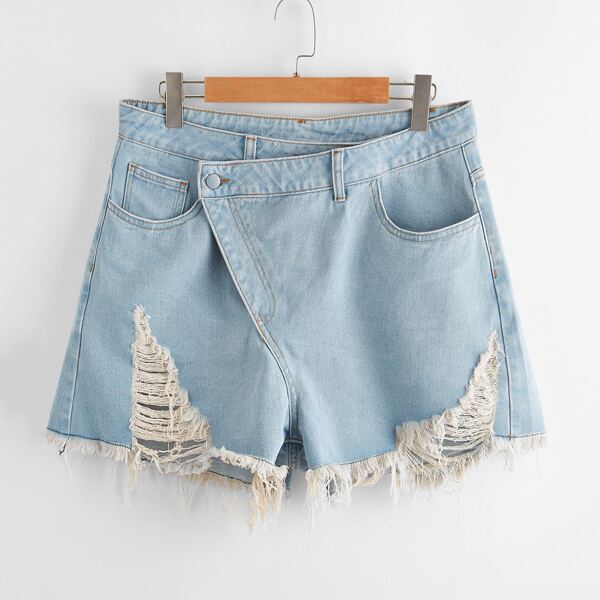 

Plus Ripped Raw Hem Denim Shorts, Light wash