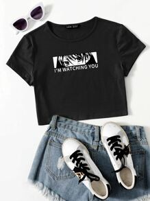 Muchica Slogan and Figure Graphic Crop Top - Black - View 1