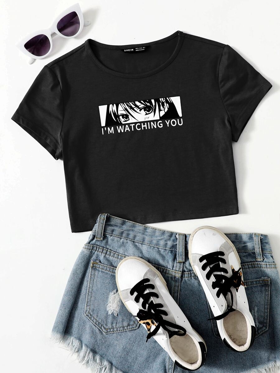 Muchica Slogan and Figure Graphic Crop Top - Black - View 1