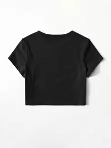 Muchica Slogan and Figure Graphic Crop Top - Black - View 4