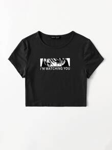 Muchica Slogan and Figure Graphic Crop Top - Black - View 5
