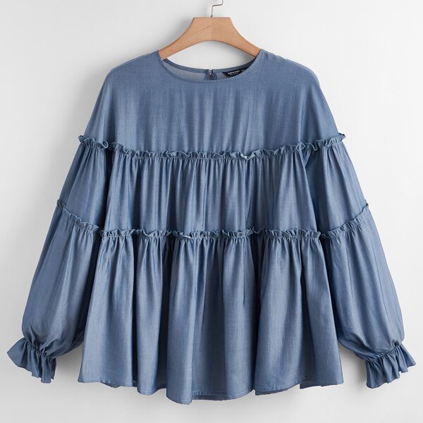 

Plus Solid Frill Trim Keyhole Back Denim Top, Medium wash