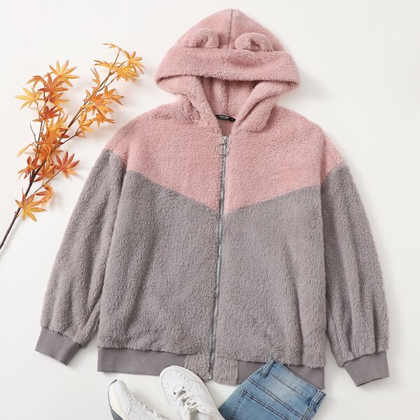 

Plus Two Tone Zipper Up Hooded Teddy Jacket With Ears, Multicolor