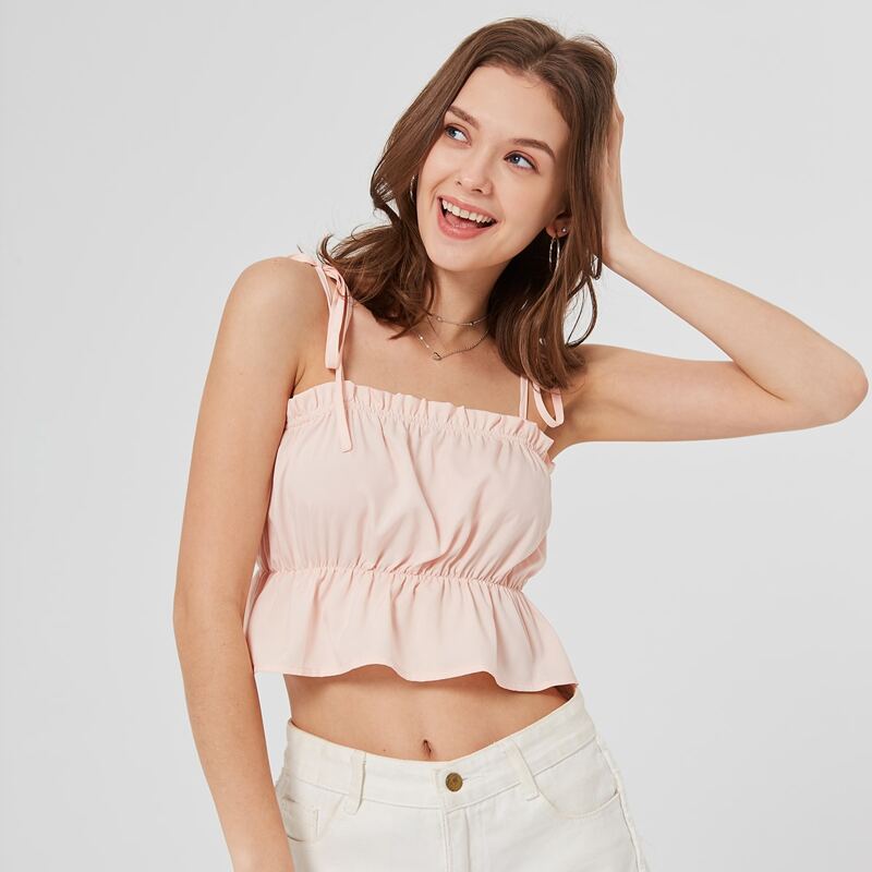 

Tie Shoulder Ruffle Cami Top, Baby pink