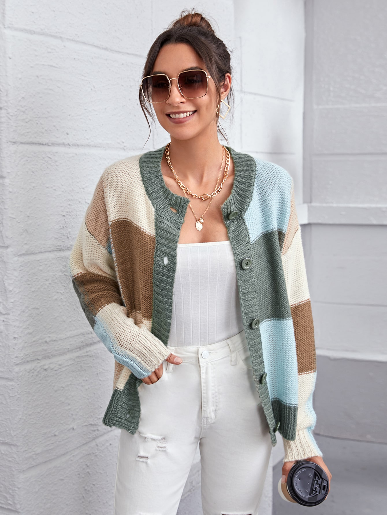 Drop Shoulder Button Front Colorblock Cardigan thumbnail