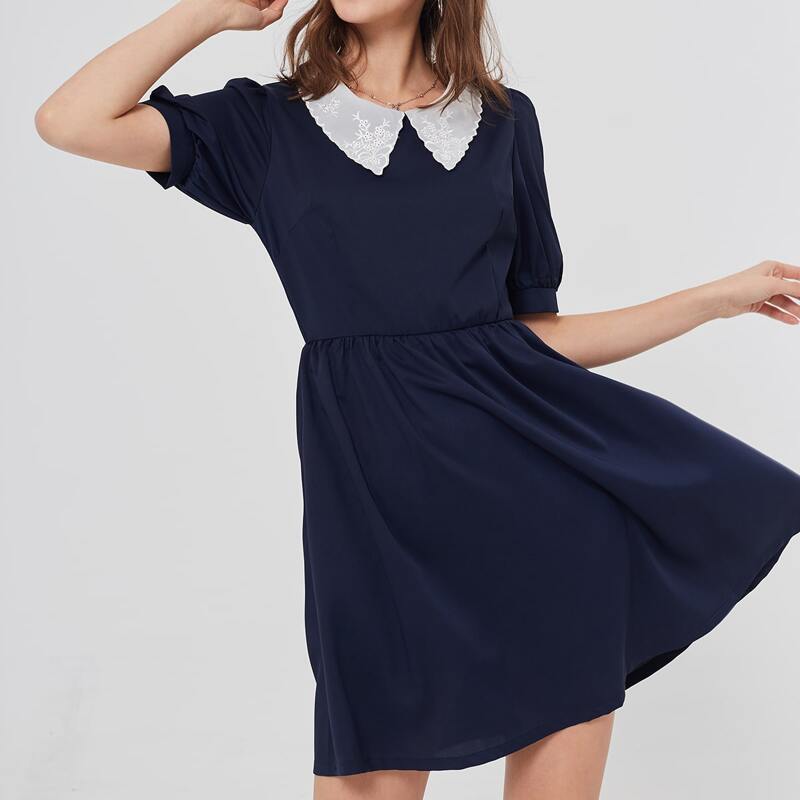 

Peter Pan Collar Flared Dress, Navy blue