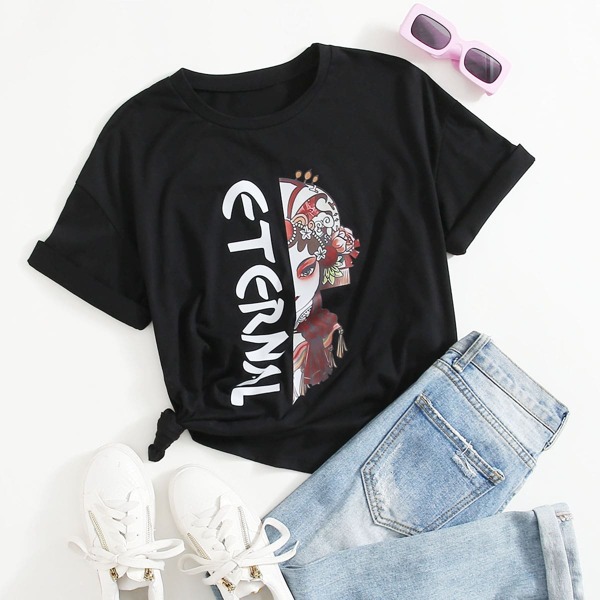 

Letter And Graphic Print Tee, Black