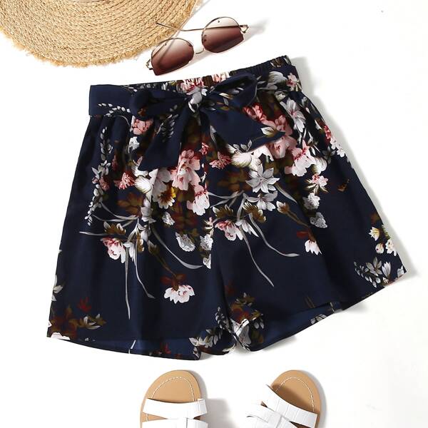 

Floral Print Self Tie Shorts, Multicolor