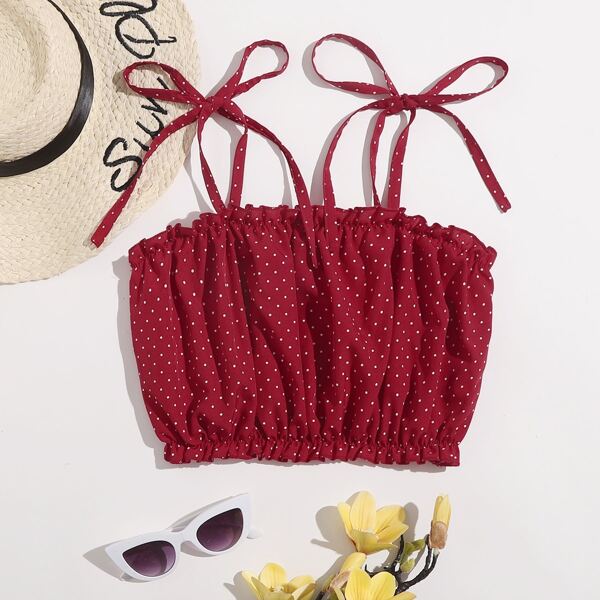 

Polka Dot Frill Trim Tie Shoulder Cami Top, Burgundy