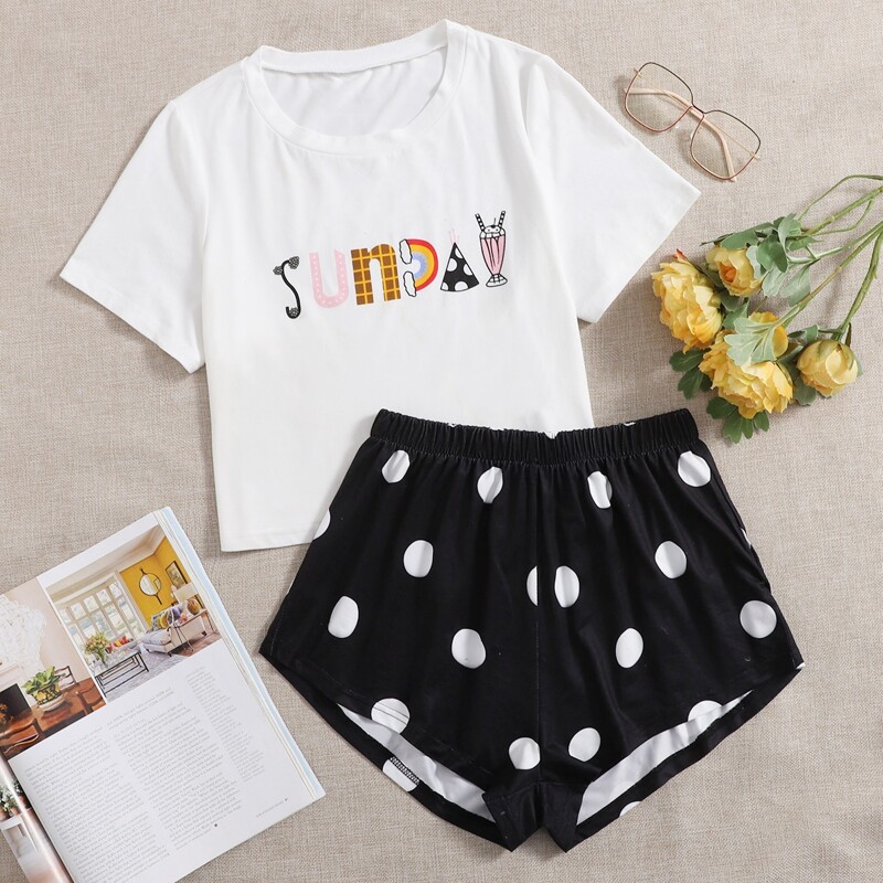 

Polka Dot And Letter Graphic Pajama Set, Black and white