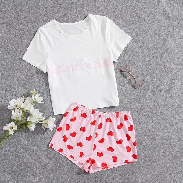 

Heart And Slogan Graphic Pajama Set, Multicolor