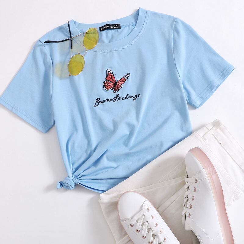 

Letter And Butterfly Embroidery Tee, Blue