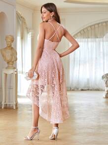 Lace High Low Hem Dress - Baby Pink - View 2