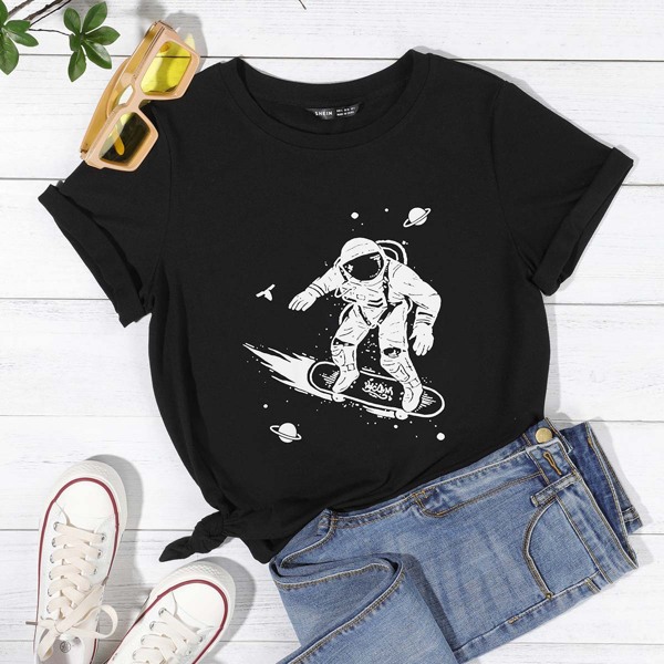 

Spaceman Print Round Neck Tee, Black