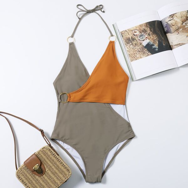 

Color Block Halter One Piece Swimsuit, Multicolor