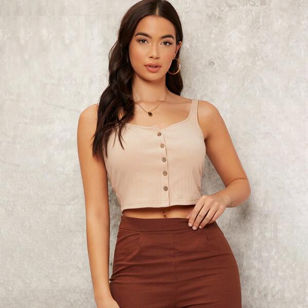 

Buttoned Front Rib-knit Tank Top, Apricot