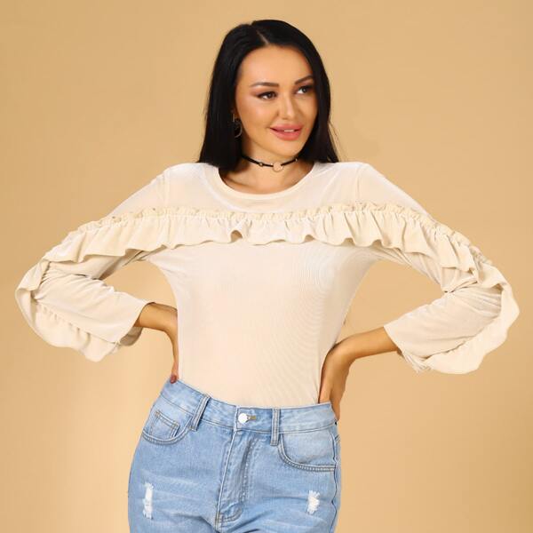 

Solid Ruffle Trim Fitted Tee, Apricot