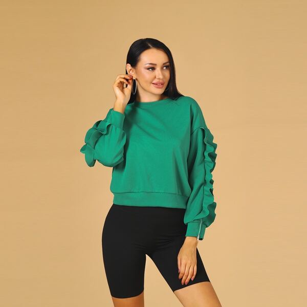

Solid Drop Shoulder Ruffle Sweatshirt, Green