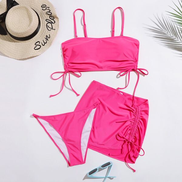 

3pack Plus Drawstring Ruched Knot Bikini Swimsuit, Hot pink