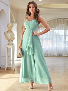 Solid Split Thigh Chiffon Prom Dress - Mint Green - View 4