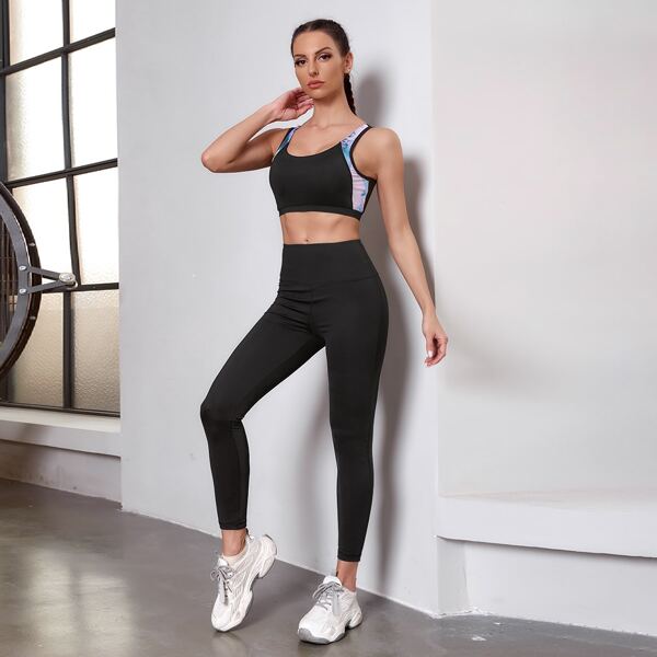 

Contrast Panel Criss Cross Back Sports Bra & Leggings, Black