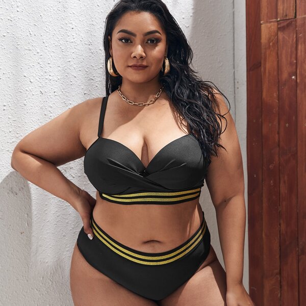 

Plus Striped Tape Bikini Swimsuit, Black