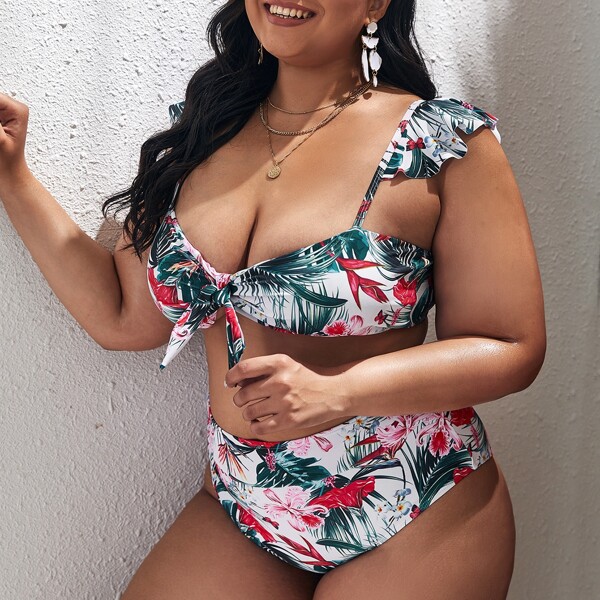 

Plus Floral & Tropical Knot Front Ruffle Bikini Swimsuit, Multicolor