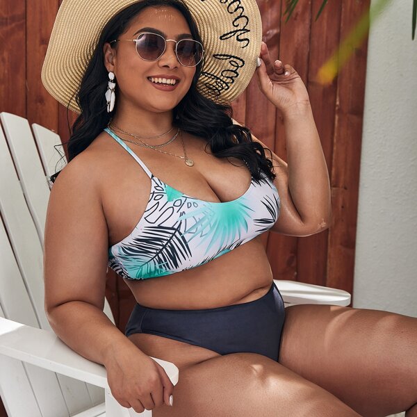 

Plus Leaf Print Bikini Swimsuit, Multicolor