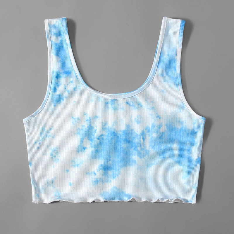 

Tie Dye Lettuce Trim Tank Top, Blue and white