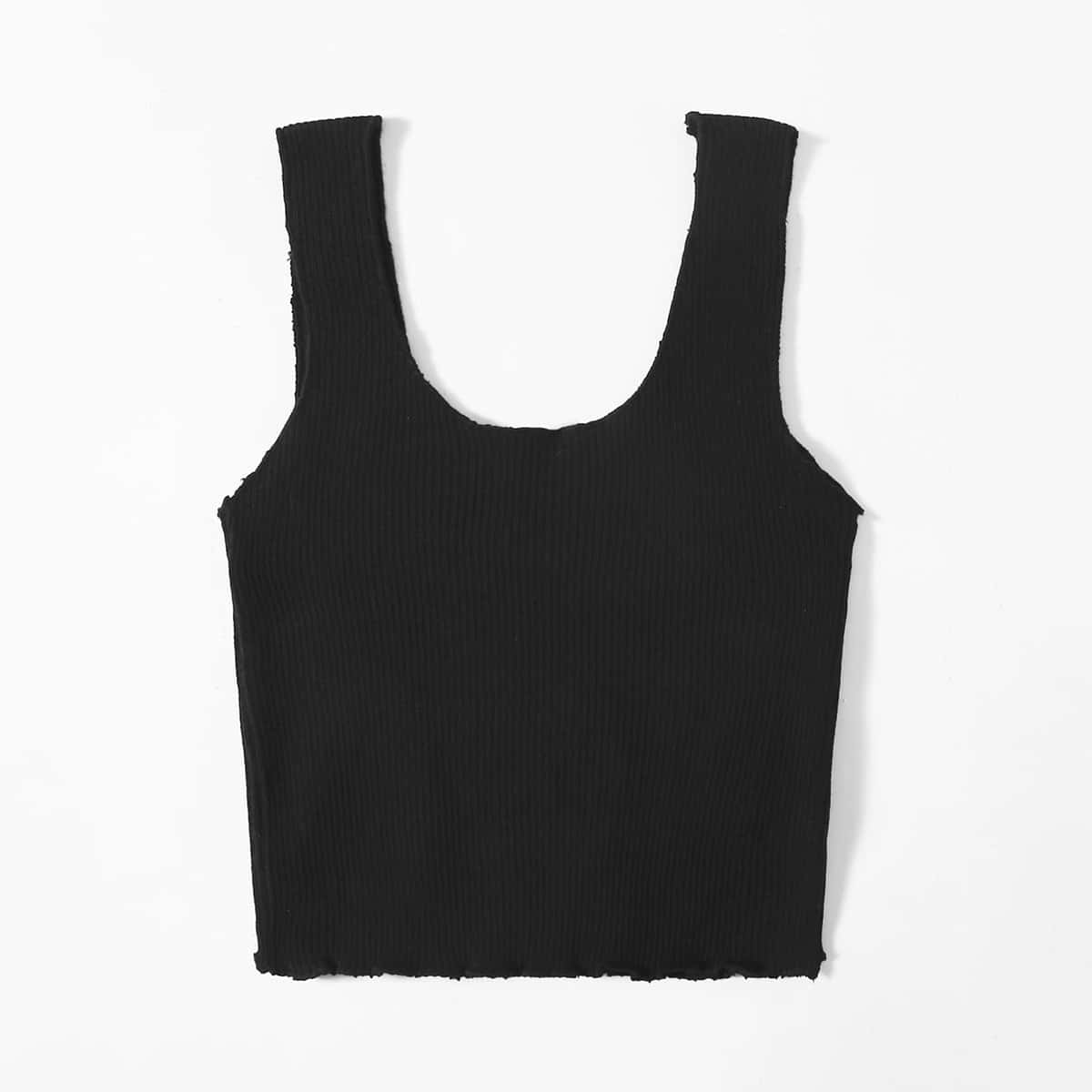 

Solid Ribbed Lettuce Trim Knit Top, Black
