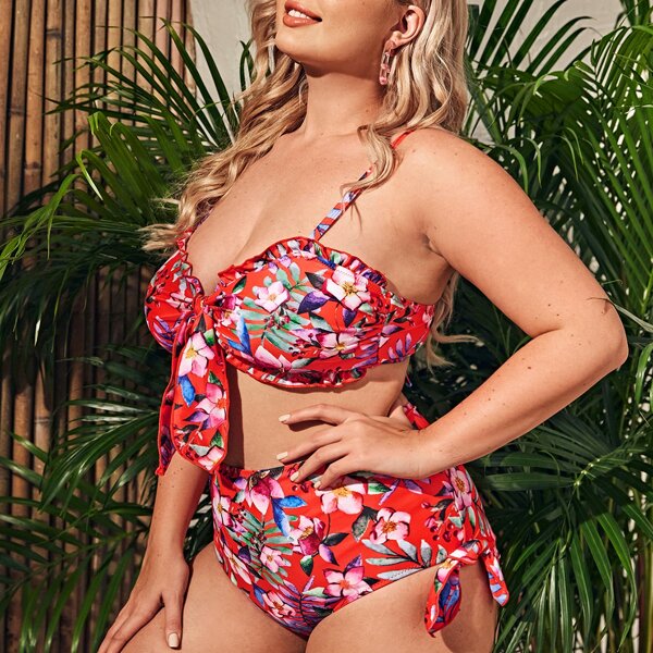

Plus Tropical & Floral Frill Bikini Swimsuit, Multicolor