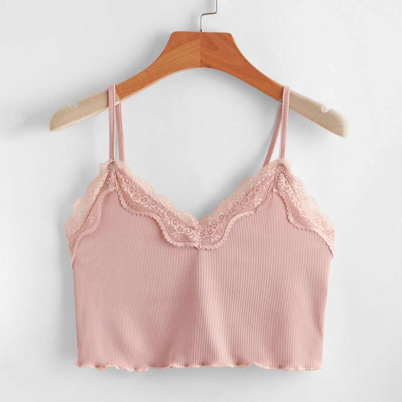 

Contrast Lace Lettuce Trim Crop Cami, Dusty pink