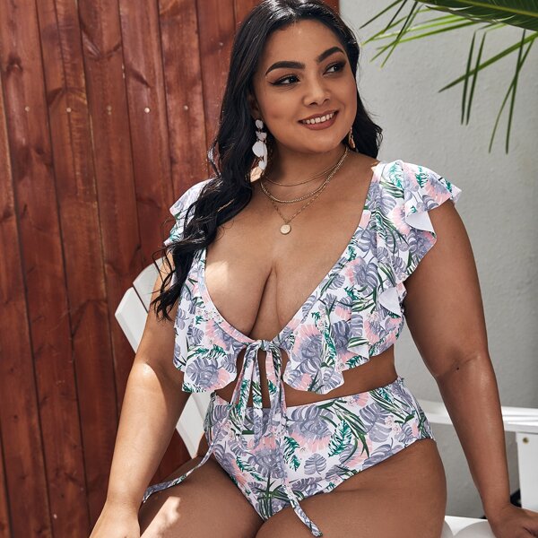 

Plus Tropical Ruffle Bikini Swimsuit, Multicolor