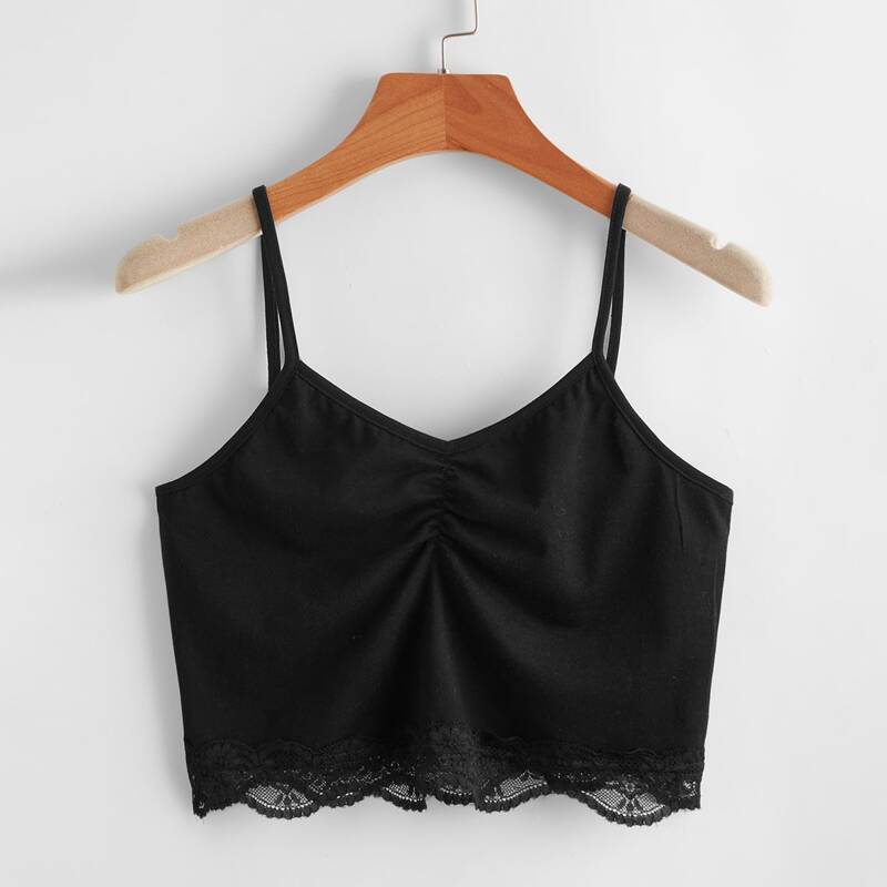 

Contrast Lace Ruched Crop Cami, Black