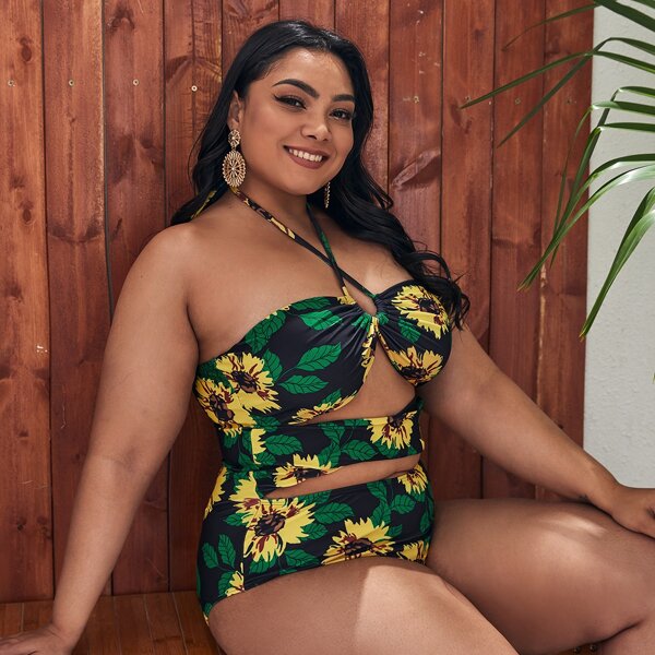 

Plus Sunflower Print Cut-out One Piece Swimsuit, Multicolor