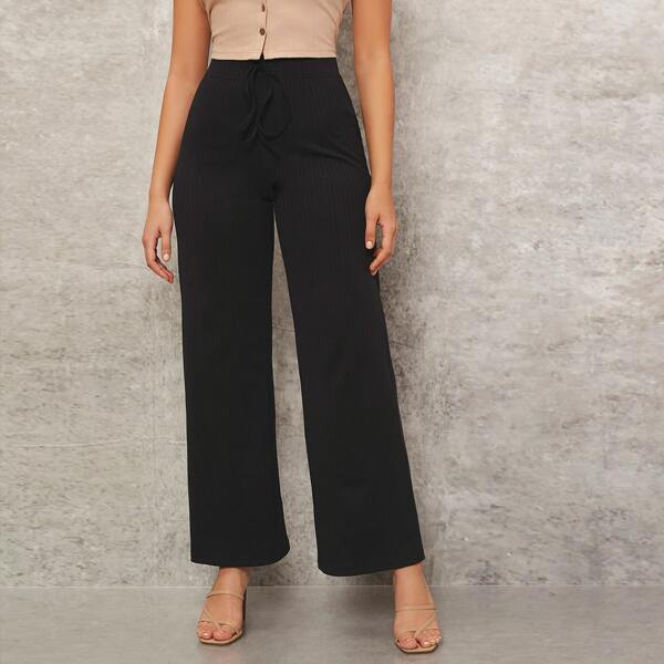 

Rib-knit Wide Leg Pants, Black