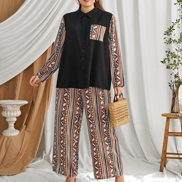 

Plus Single Breasted Geo Patch Pocket Blouse & Pants Set, Multicolor