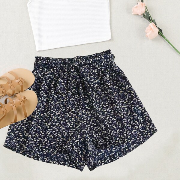 

One Shoulder Ribbed Top & Ditsy Floral Print Belted Shorts, Multicolor